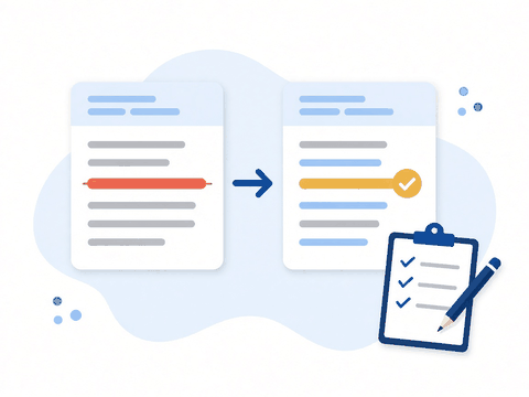 Illustration: a line of text crossed out on one card and replaced by a highlighted line with a checkmark on another
